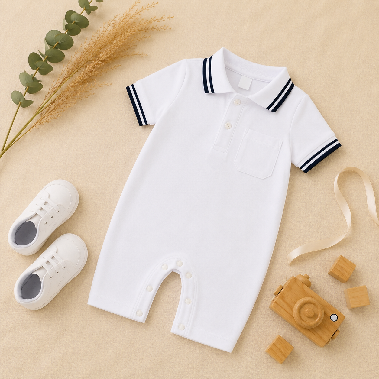 White Polo Romper for Babies | Soft Interlock Bodysuit