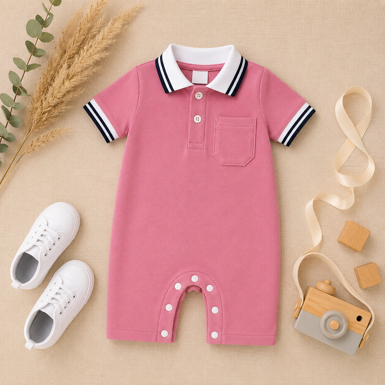 Pink Polo Romper for Babies | Soft Interlock Bodysuit