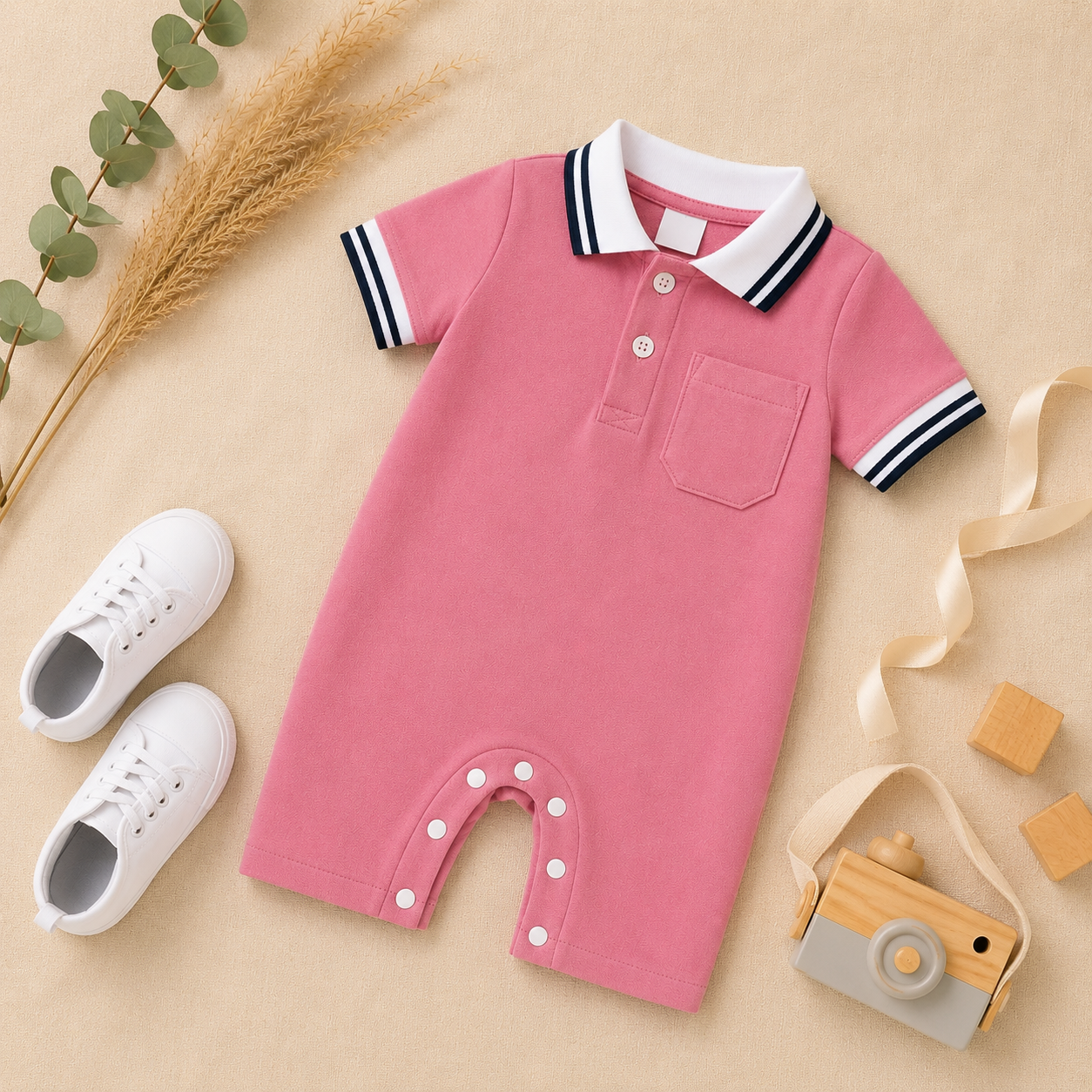 Pink Polo Romper for Babies | Soft Interlock Bodysuit