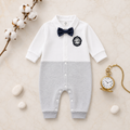 Plush-Polo Romper - White & Grey Contrast with Bowtie