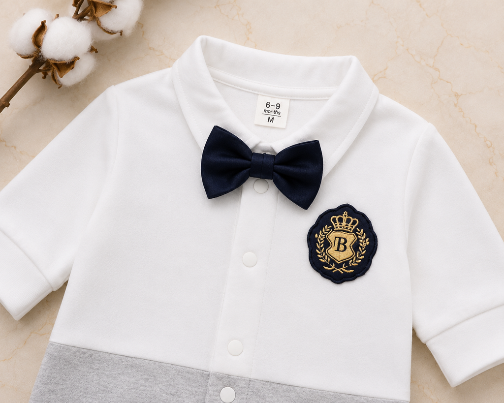 Plush-Polo Romper - White & Grey Contrast with Bowtie
