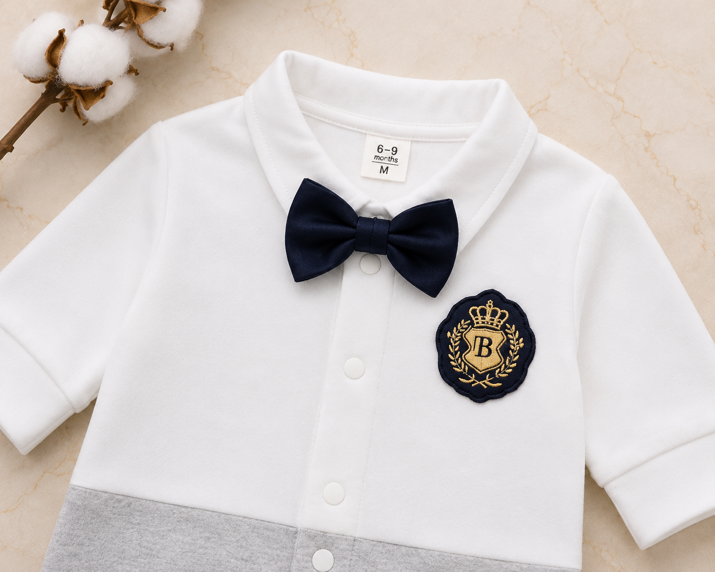Plush-Polo Romper - White & Grey Contrast with Bowtie