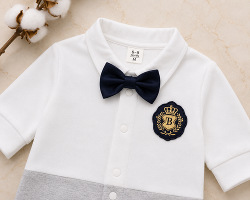 Plush-Polo Romper - White & Grey Contrast with Bowtie