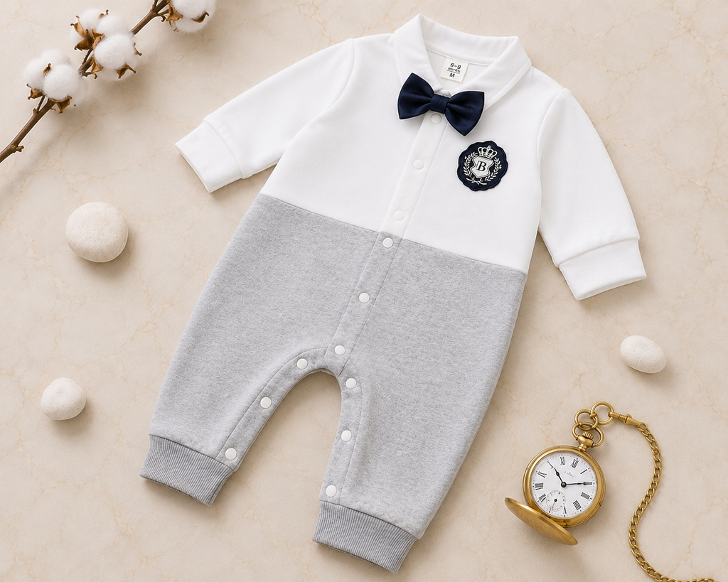 Plush-Polo Romper - White & Grey Contrast with Bowtie