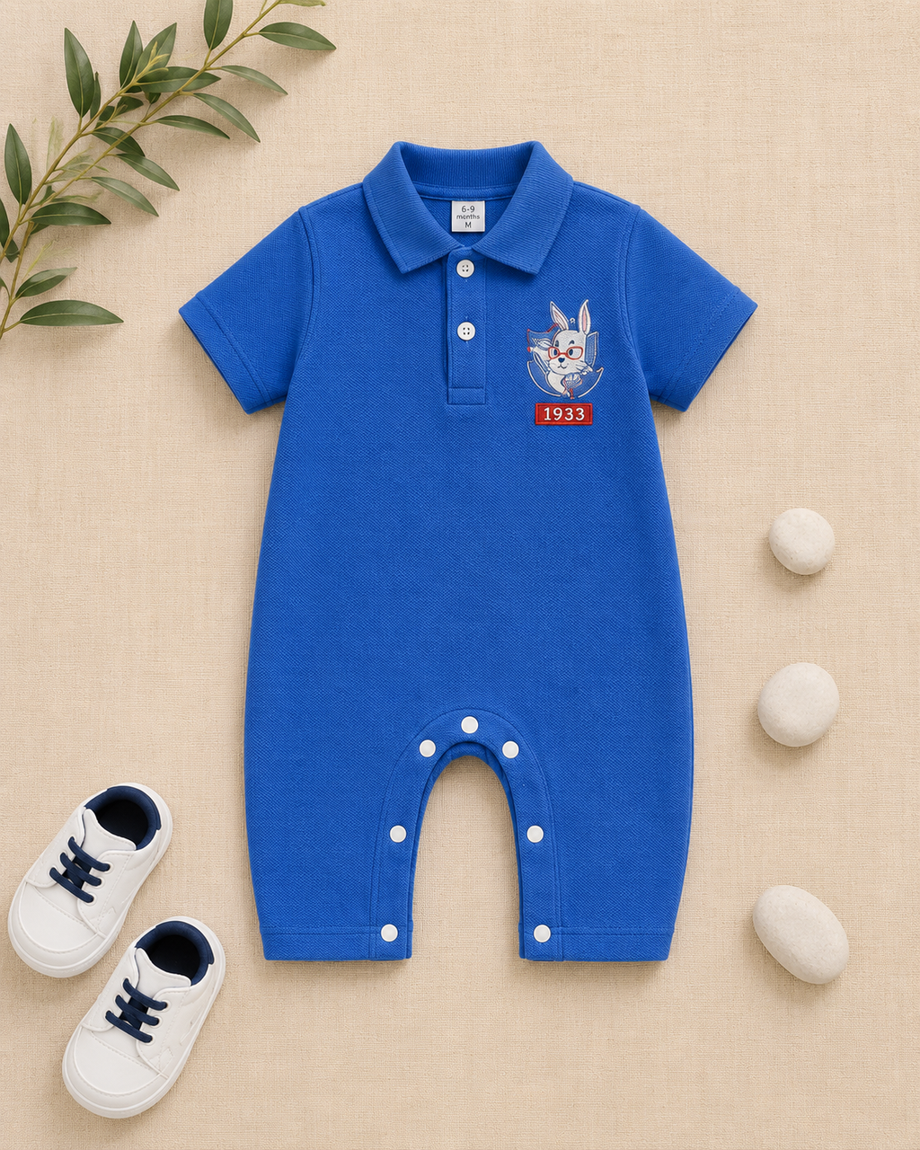 Plush-Polo Romper - Blue