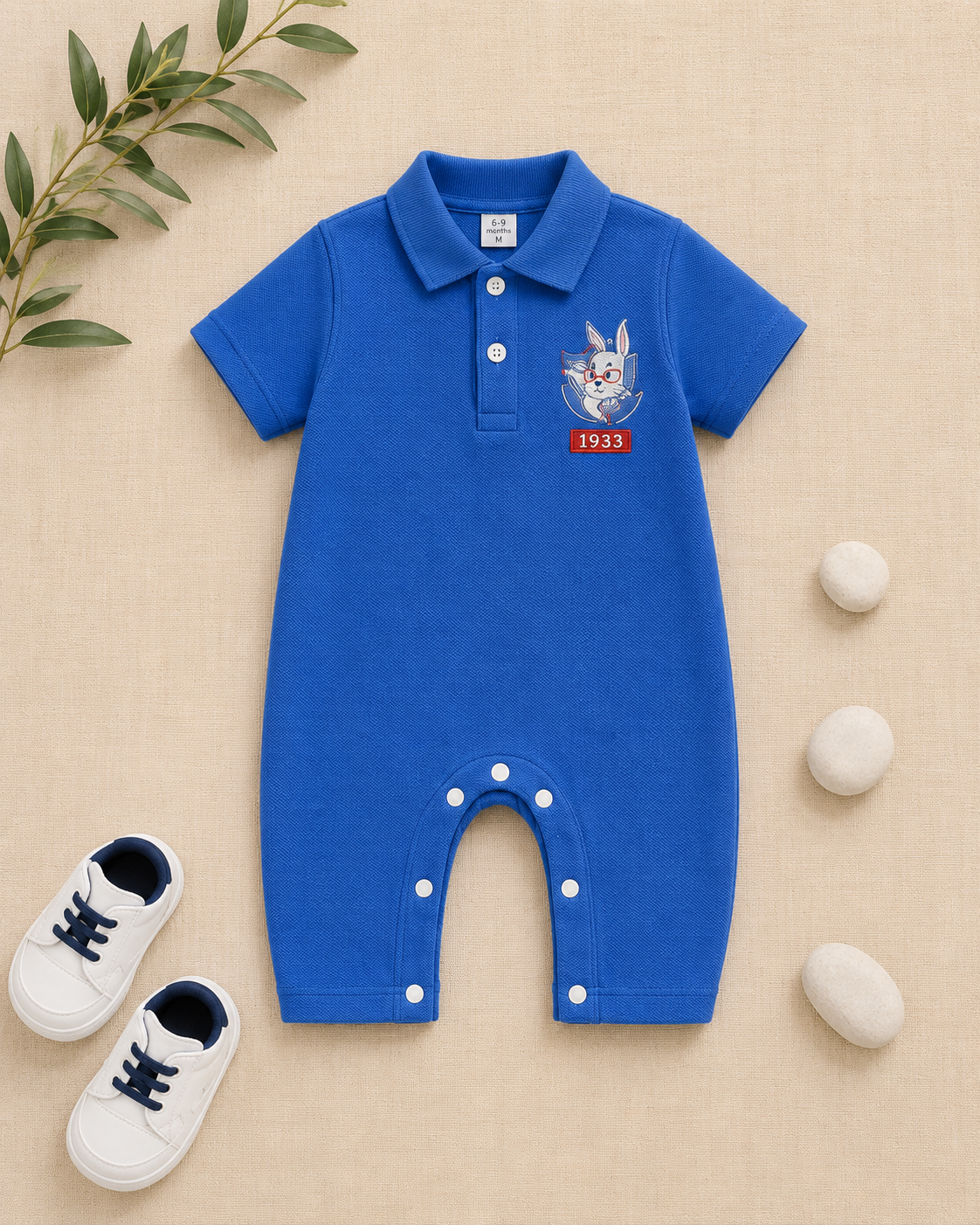 Plush-Polo Romper - Blue