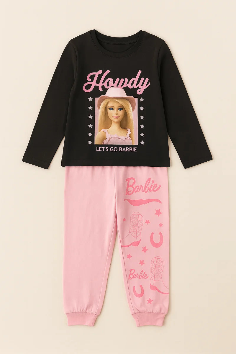 Girls Barbie Pajama Set – Black Howdy Top & Pink Cotton Pants | Kids Nightwear