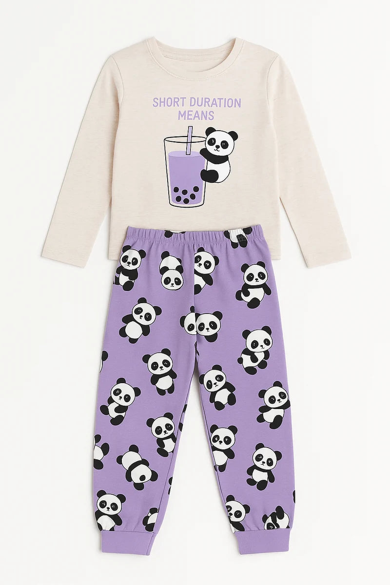 Girls Panda Cartoon Pajama Set – Lavender Long Sleeve Top & Beige Pants | Cute Kids Nightwear