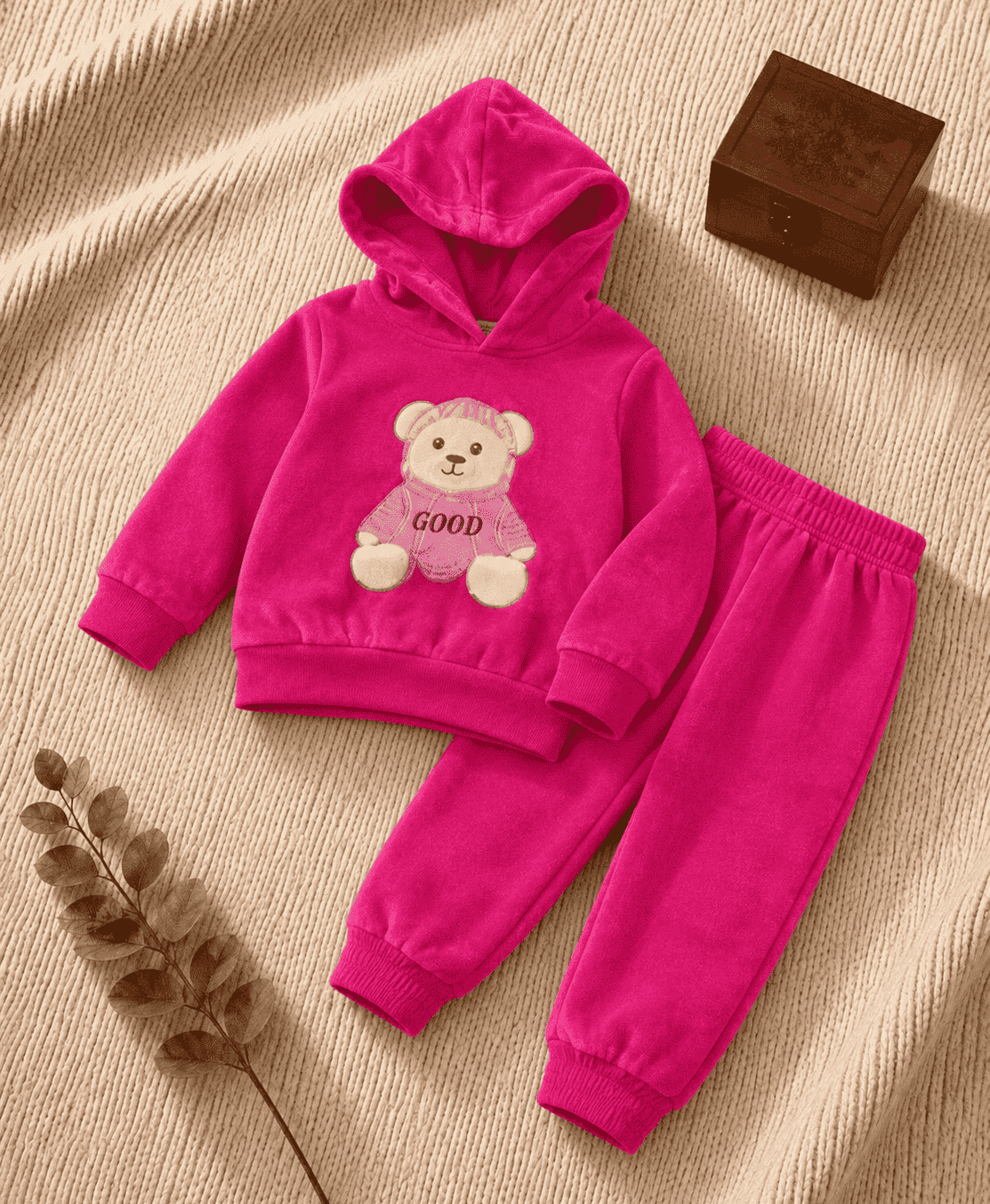 Plush Hoodie Style - Basic Bear Fleece Sweat Set Baby Pink