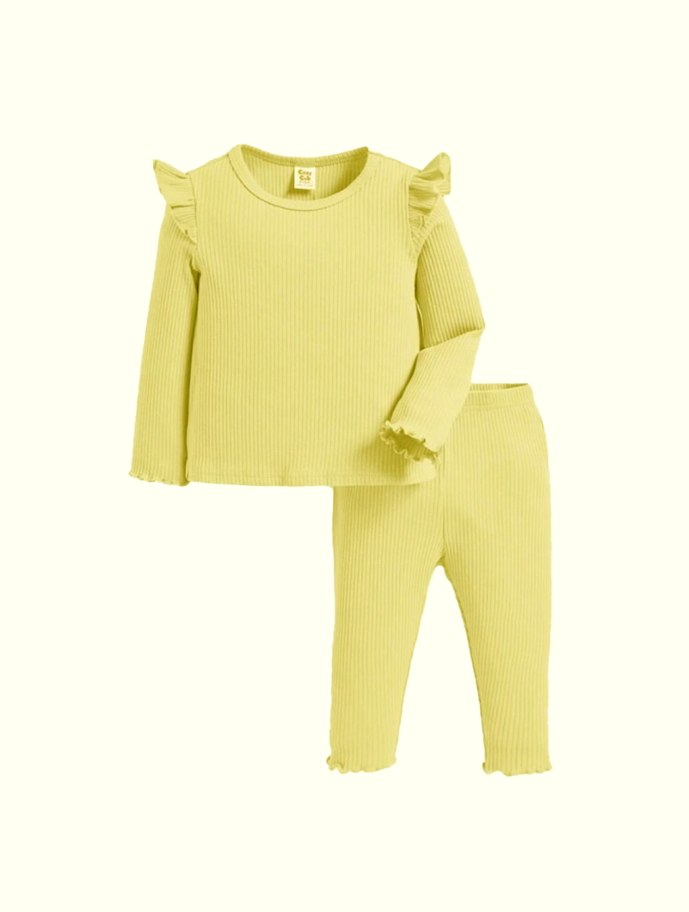 Plush Shoulder Frill Style Ribbed Knit Basic Set - Yellow