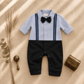 Baby boy grey and black gentleman romper with bow tie and suspender stripes