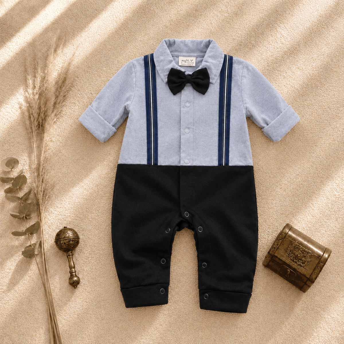 Baby boy grey and black gentleman romper with bow tie and suspender stripes