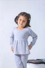 Plush-Ribbed Knit Frock with Cuff Trousers -  Grey