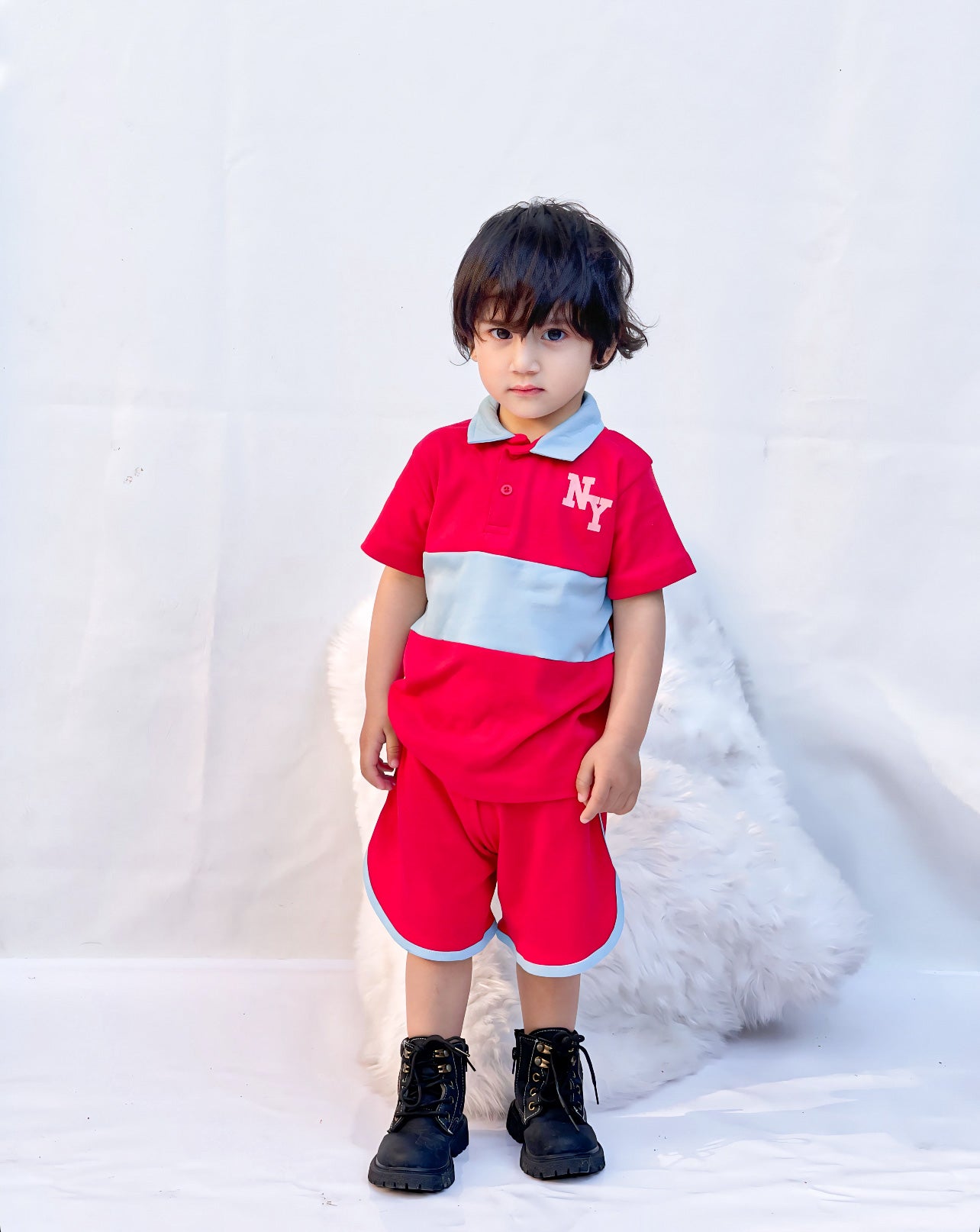 Plush-Baby Plaid Polo Shirt & Shorts-Red-Blue