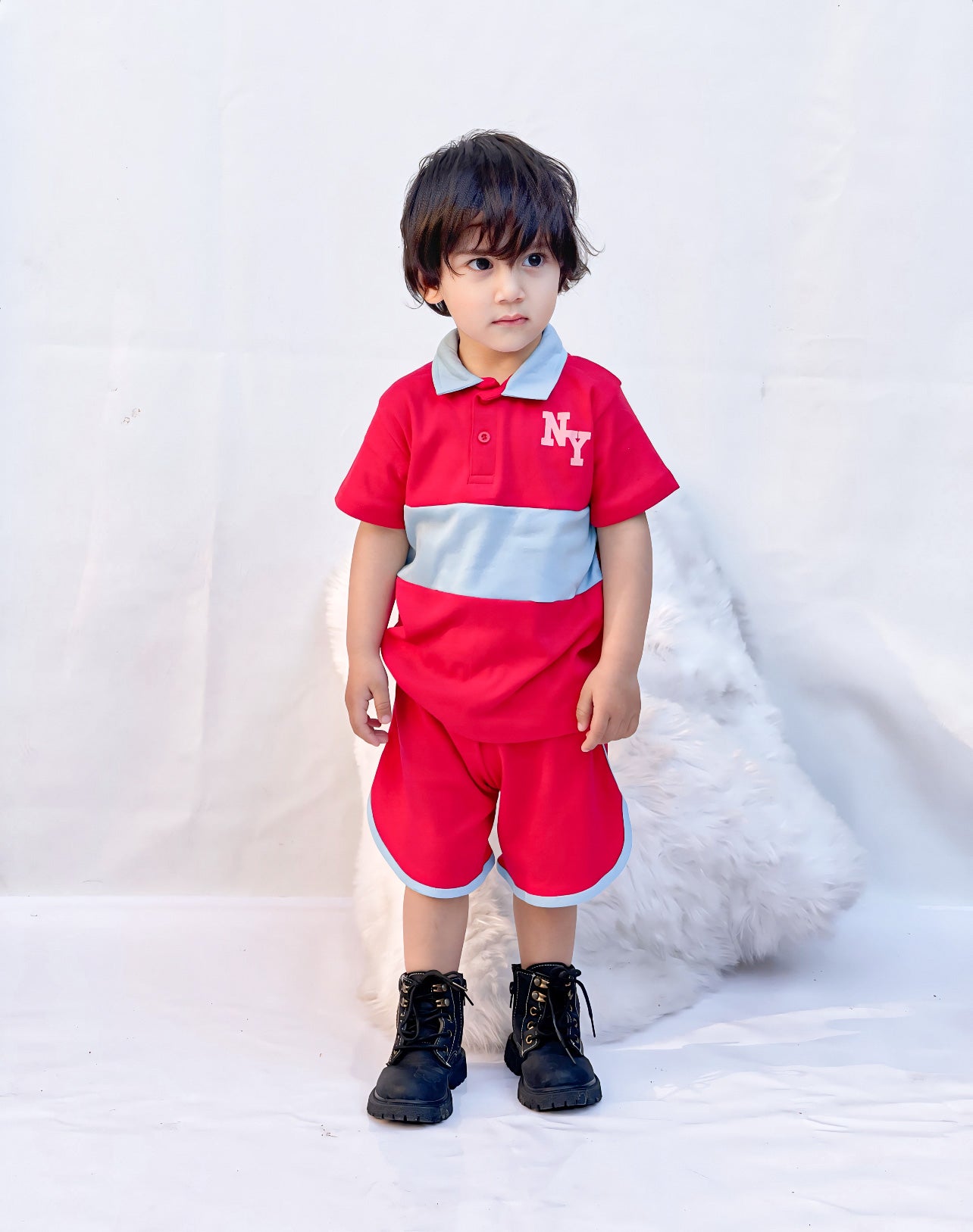 Plush-Baby Plaid Polo Shirt & Shorts-Red-Blue