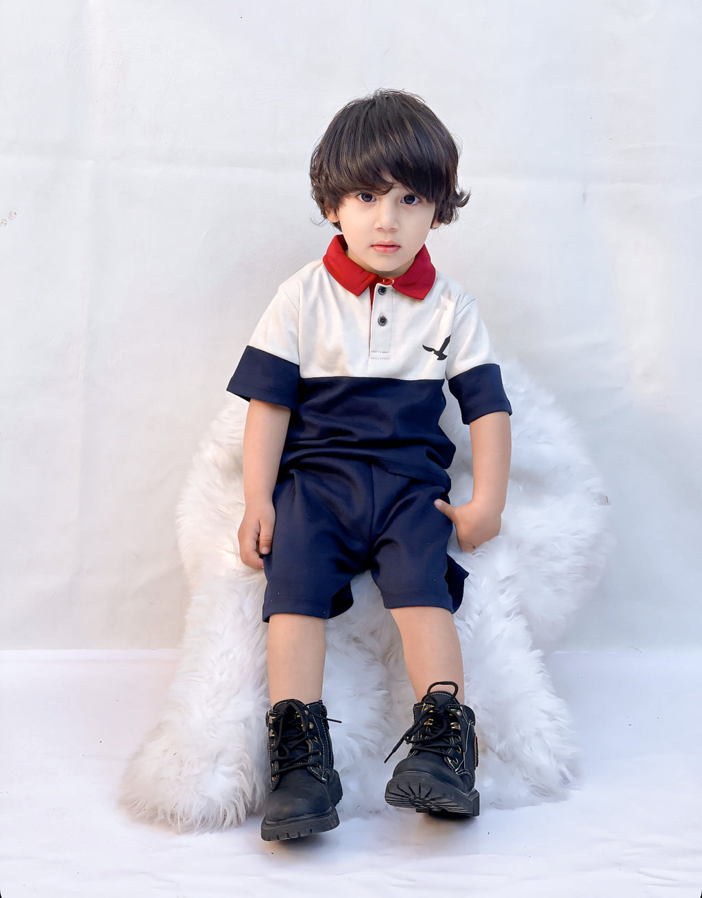 Plush-Baby Plaid Polo Shirt & Shorts-White