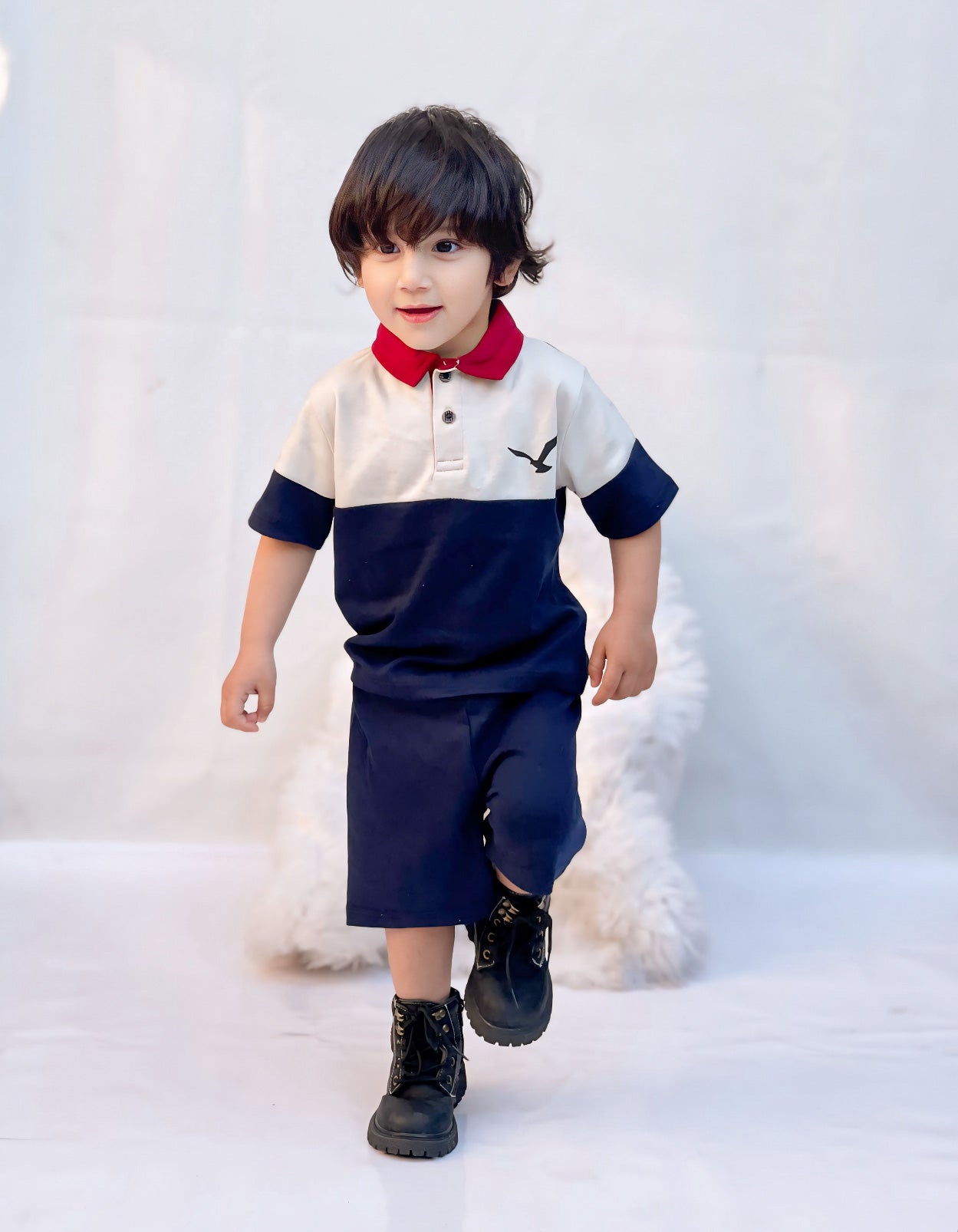 Plush-Baby Plaid Polo Shirt & Shorts-White