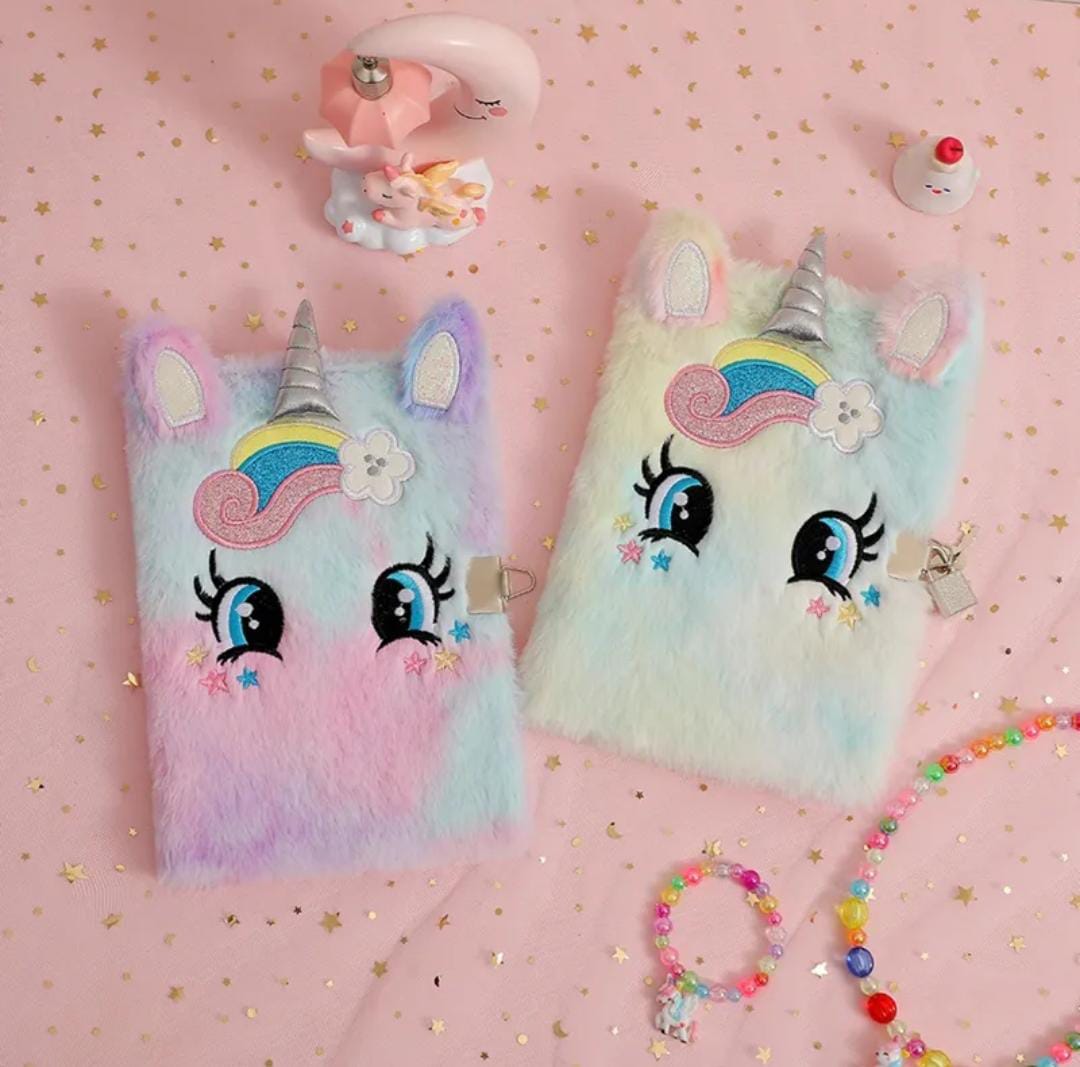 1 PC's CARTOON LARGE EYED UNICORN PLUSH NOTE BOOK WITH LOCK FOR KIDS(LARGE SIZE)