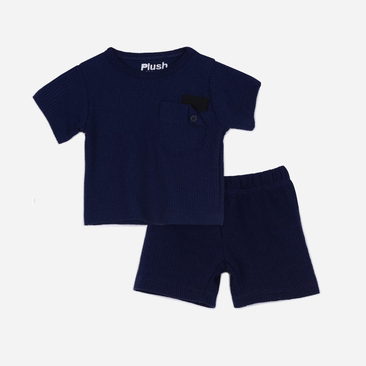 Plush-Waffle Textured Short Sets-Dark Blue