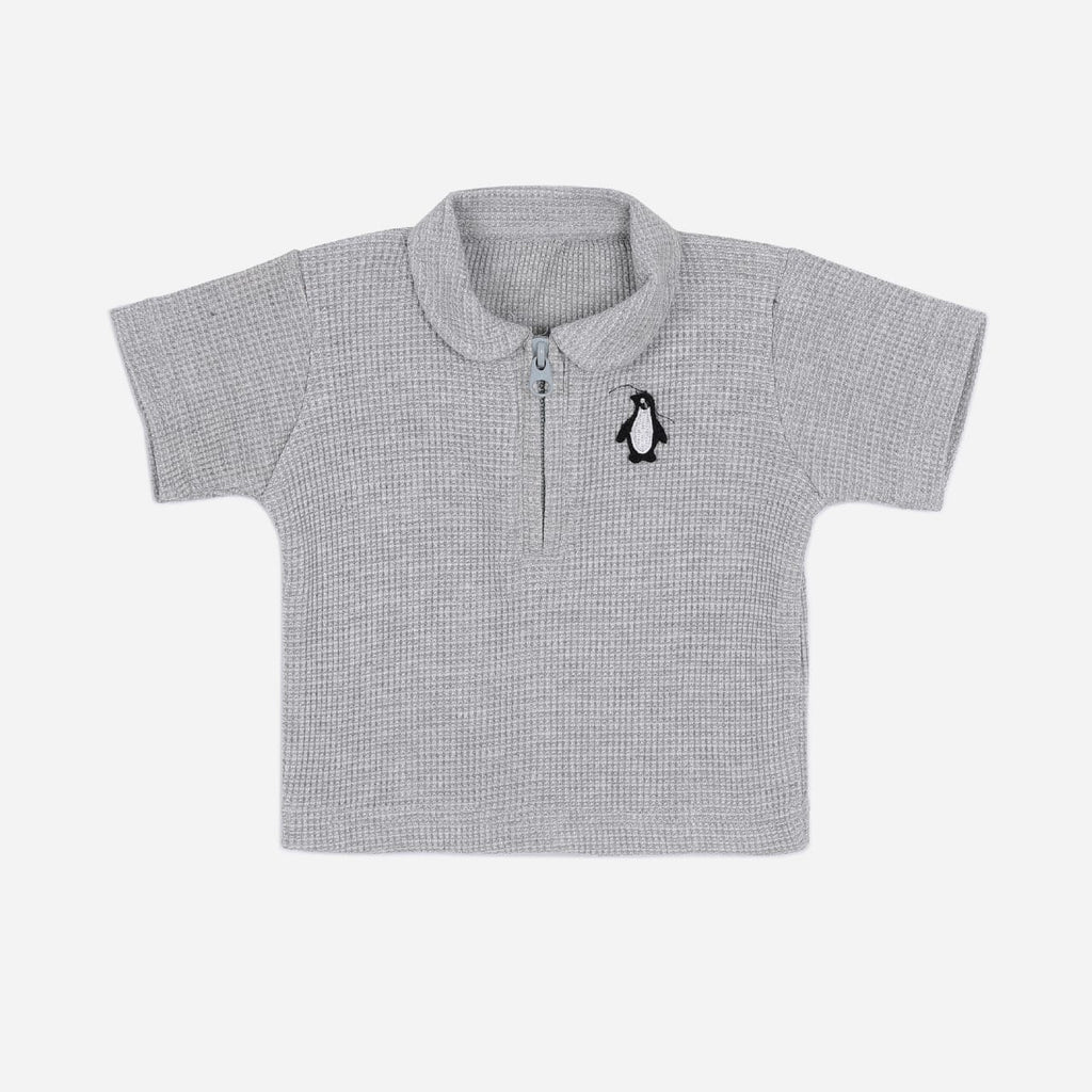 Plush-Waffle Textured Polo Sets-Grey