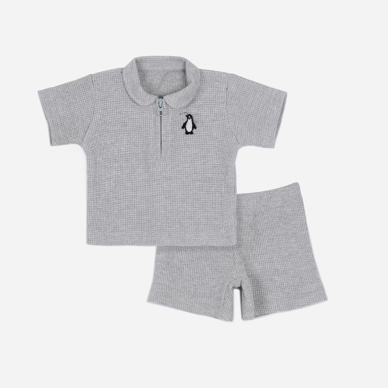 Plush-Waffle Textured Polo Sets-Grey