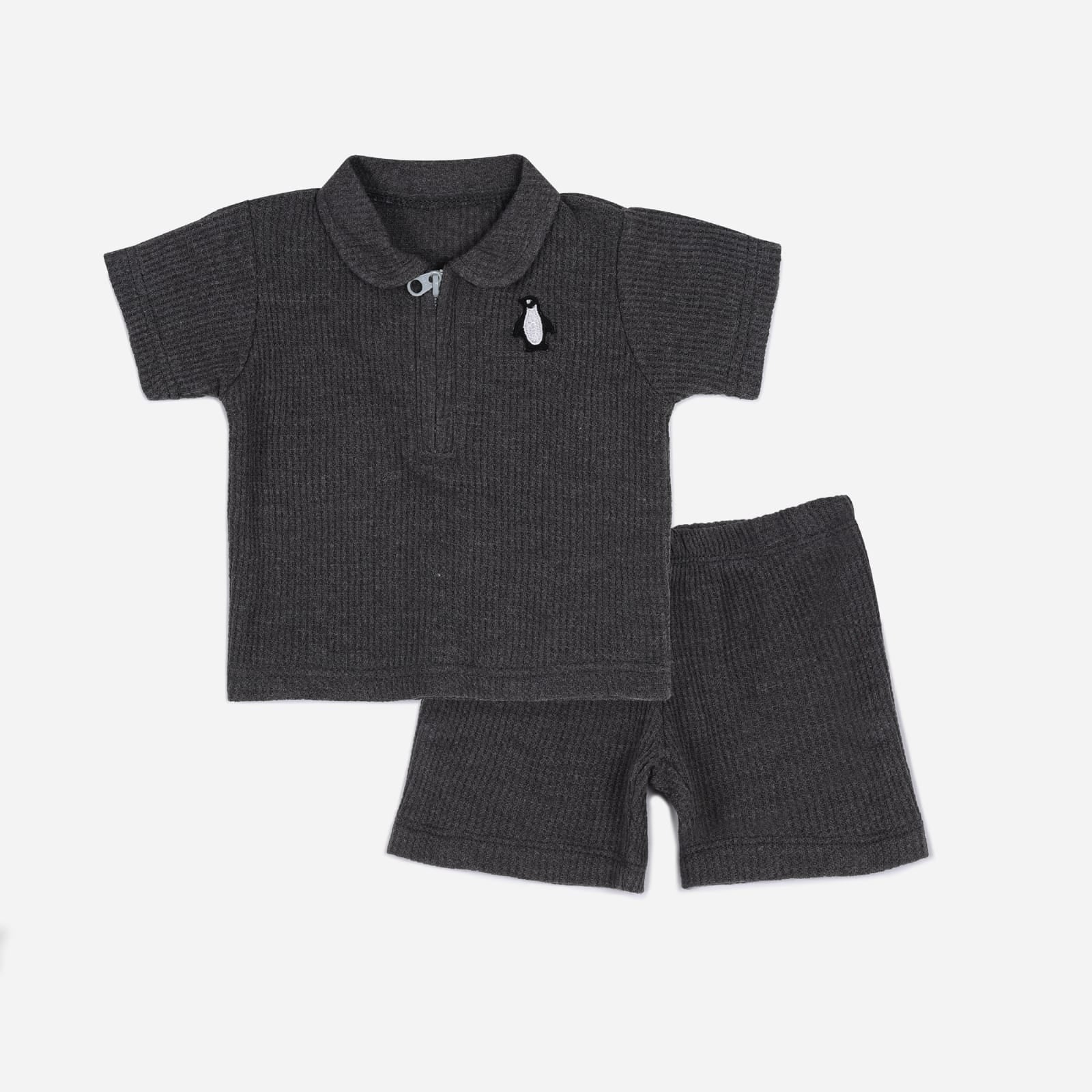 Plush-Waffle Textured Polo Sets-Charcoal