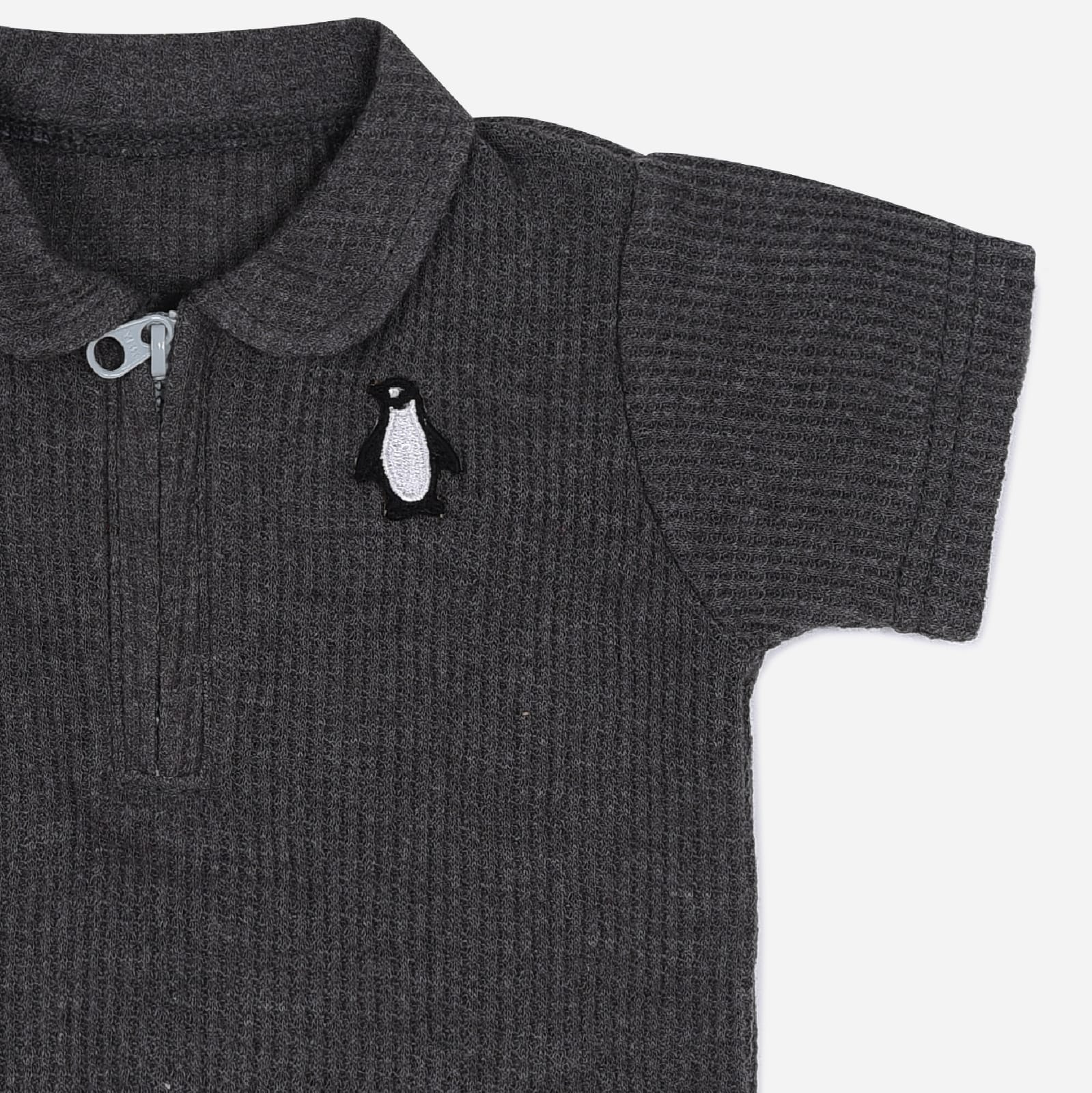 Plush-Waffle Textured Polo Sets-Charcoal