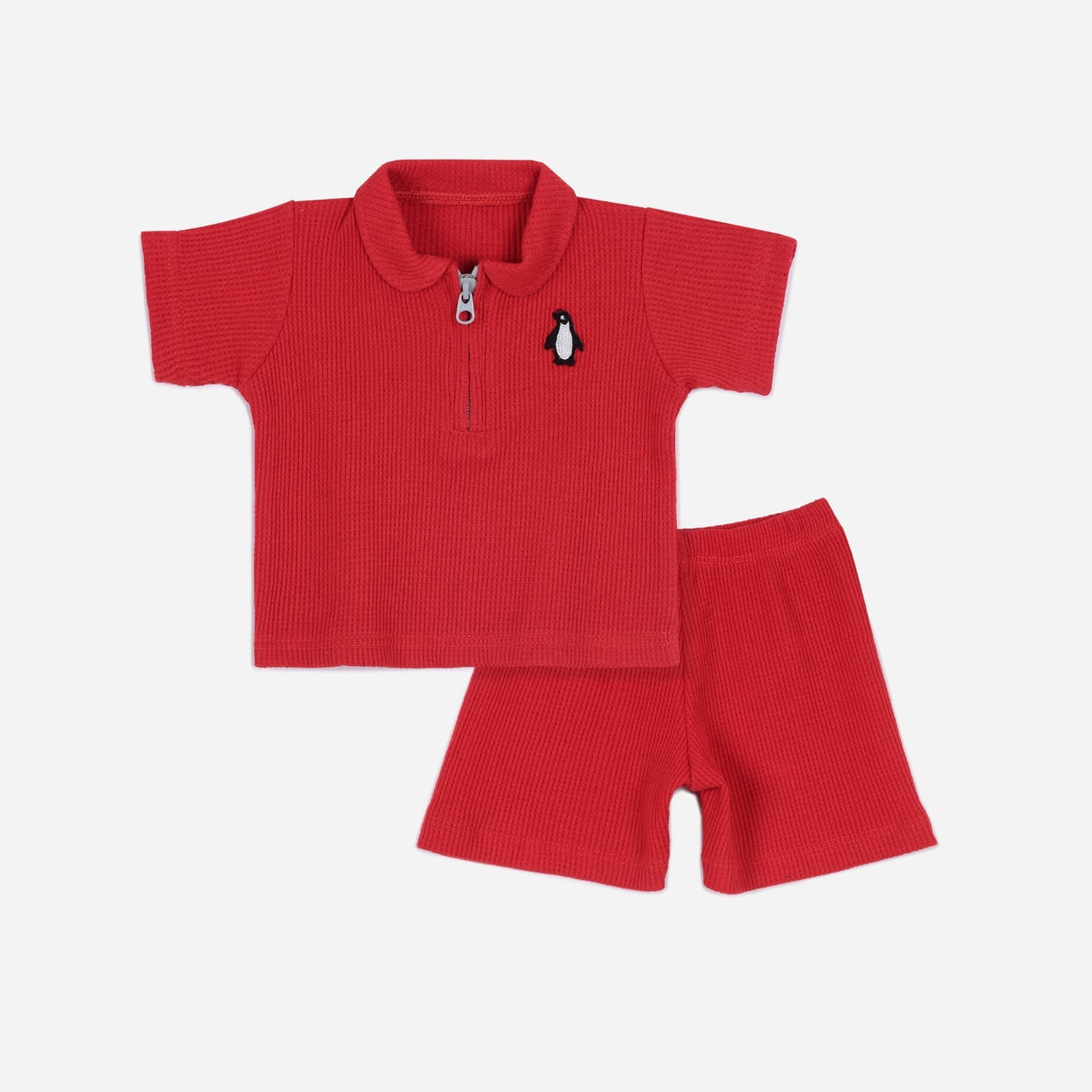 Plush-Waffle Textured Polo Sets-Red