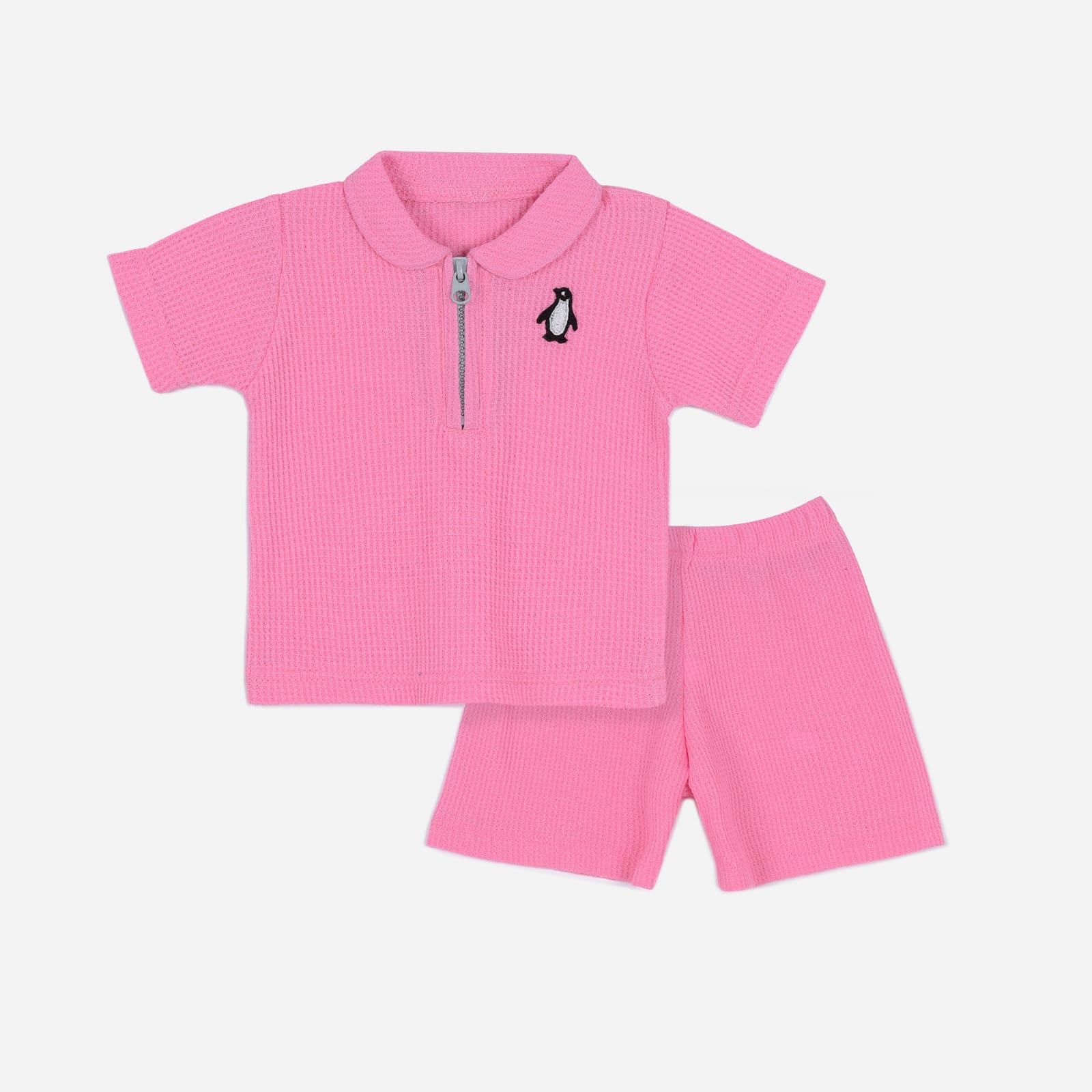 Plush-Waffle Textured Polo Sets-Pink