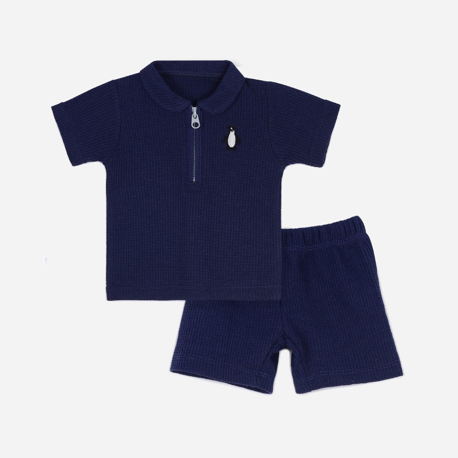 Plush-Waffle Textured Polo Sets-Dark Blue