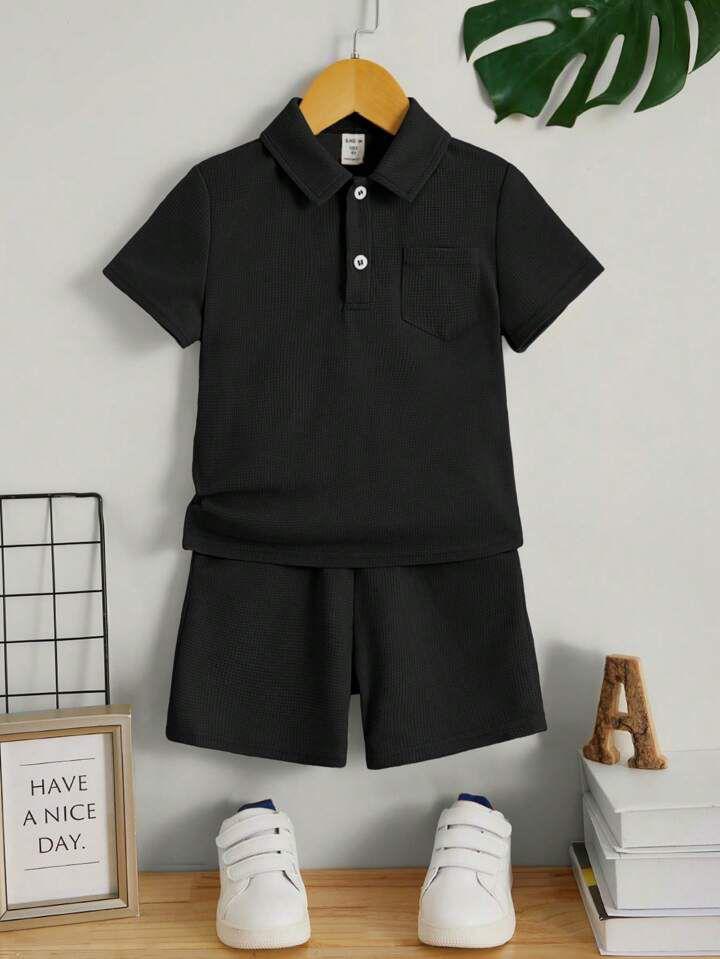 Plush-Baby Plaid Polo Shirt & Shorts-Black