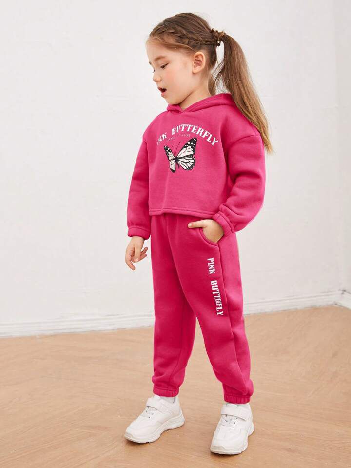 Plush  Hoodied Fleece Shirt & Trouser - Butterfly in Pink with Contrast Sleeves