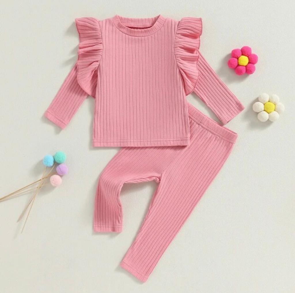 Plush-Waffle Textured Girls Frill PJ sets - PINK