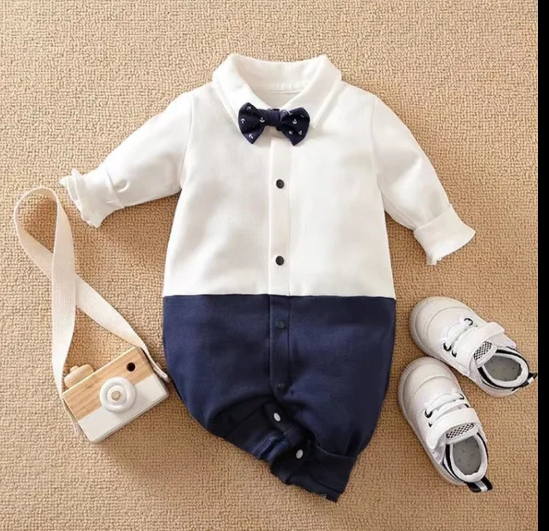 Plush-Polo Romper - White & Blue Contrast with Bowtie