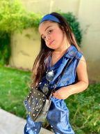 Plush-Sleeveless Denim Romper with Collars and Button Detail