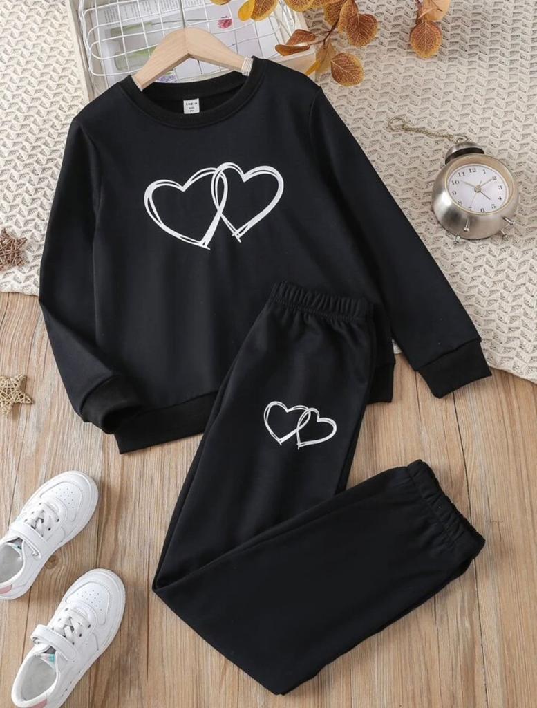 Plush-Round Neck - Black Locked Hearts Fleece Sweat Set