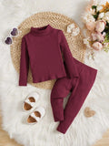 Plush-High Neck Style Ribbed knit Sweat Set - Maroon Red