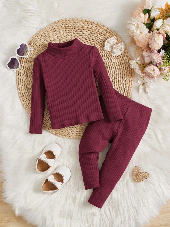 Plush-High Neck Style Ribbed knit Sweat Set - Maroon Red