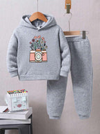 Plush-Camera on Flowers Fleece Sweat Set Grey