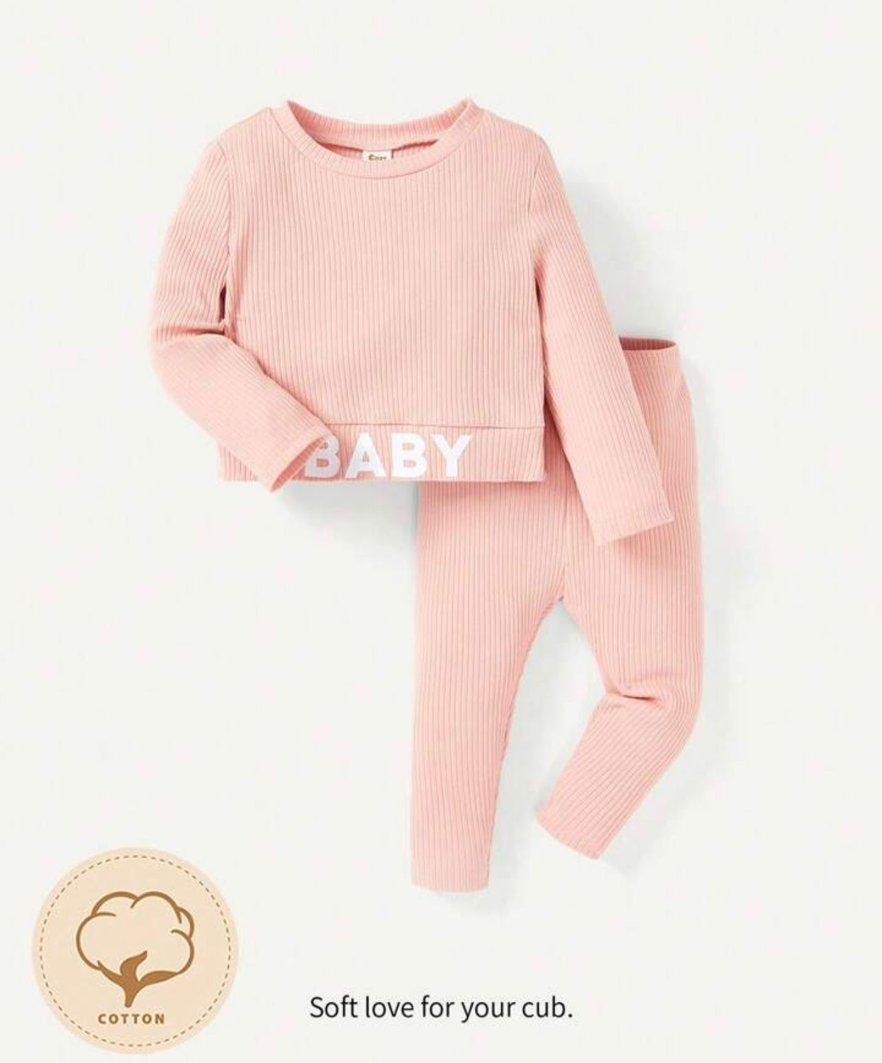 Plush Lettuce Trim Ribbed Knit Basic Set - Pink