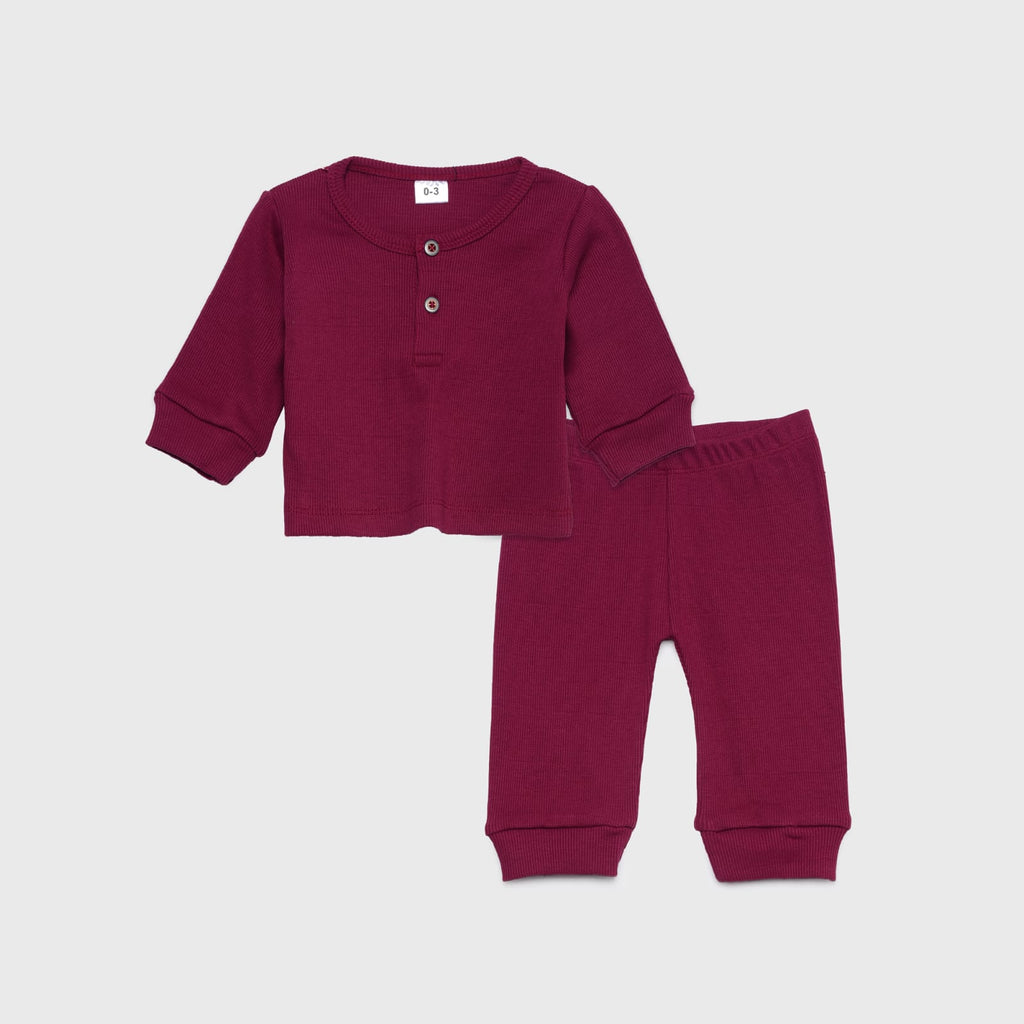 Plush Round Neck Style Ribbed Knit Basic Set - Maroon