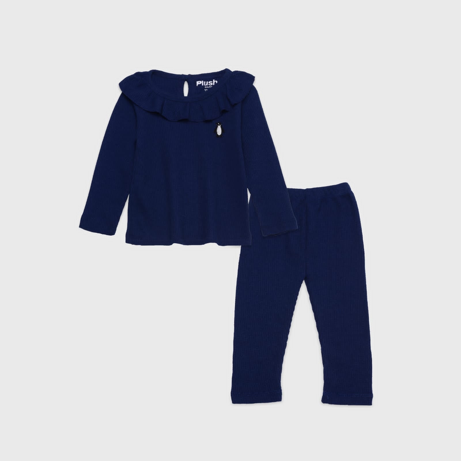 Plush-Waffle Textured Girls Set- Navy Blue