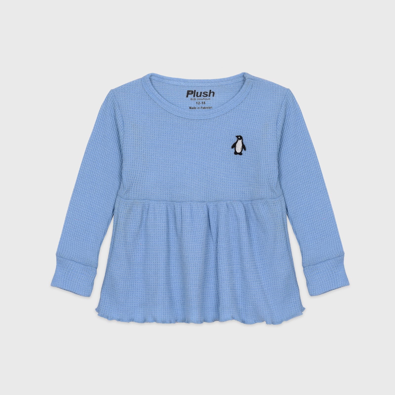 Plush-Waffle Textured  Girls Frock Set- Sky Blue