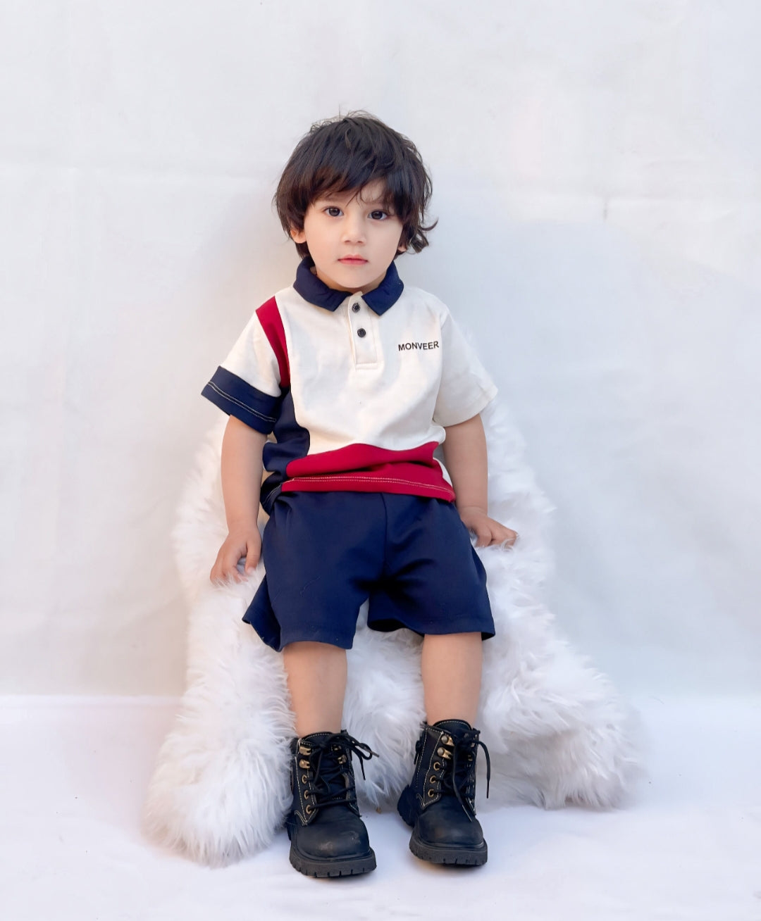 Plush-Baby Plaid Polo Shirt & Shorts-White