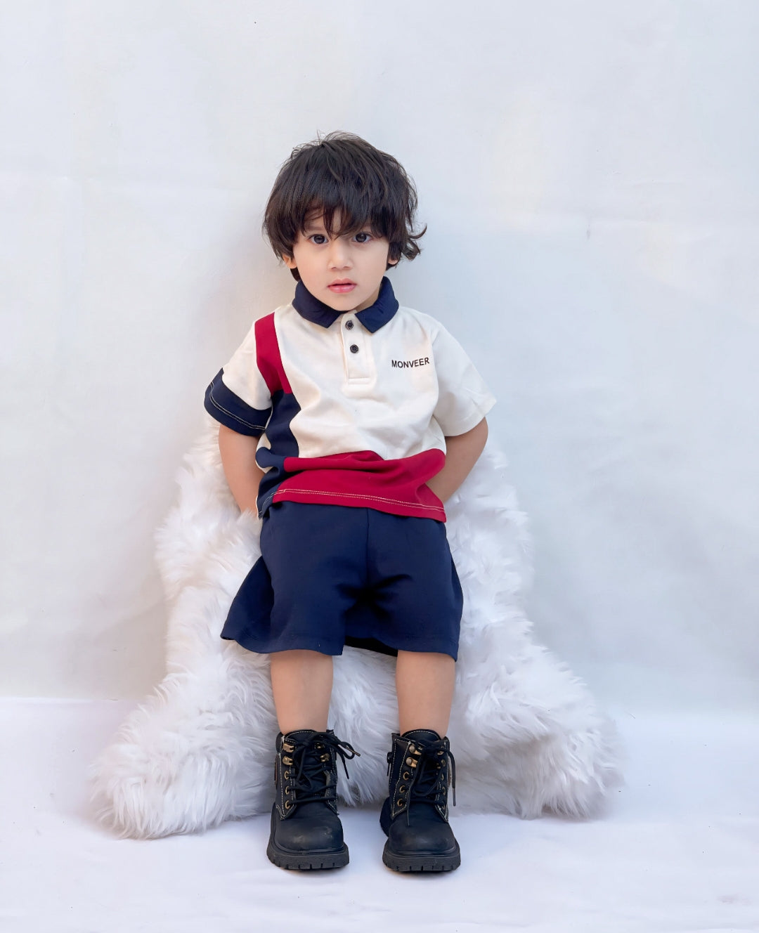 Plush-Baby Plaid Polo Shirt & Shorts-White