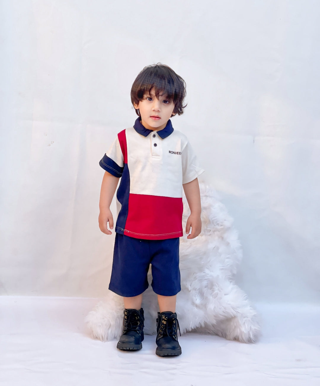 Plush-Baby Plaid Polo Shirt & Shorts-White