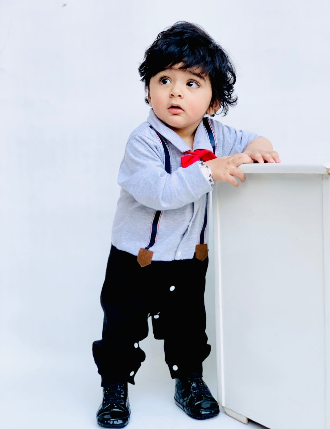 Plush-Polo Romper - Grey & Blue Contrast with Bowtie