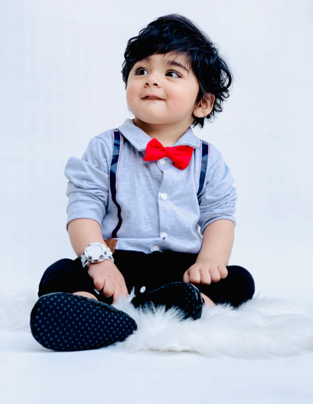 Plush-Polo Romper - Grey & Blue Contrast with Bowtie