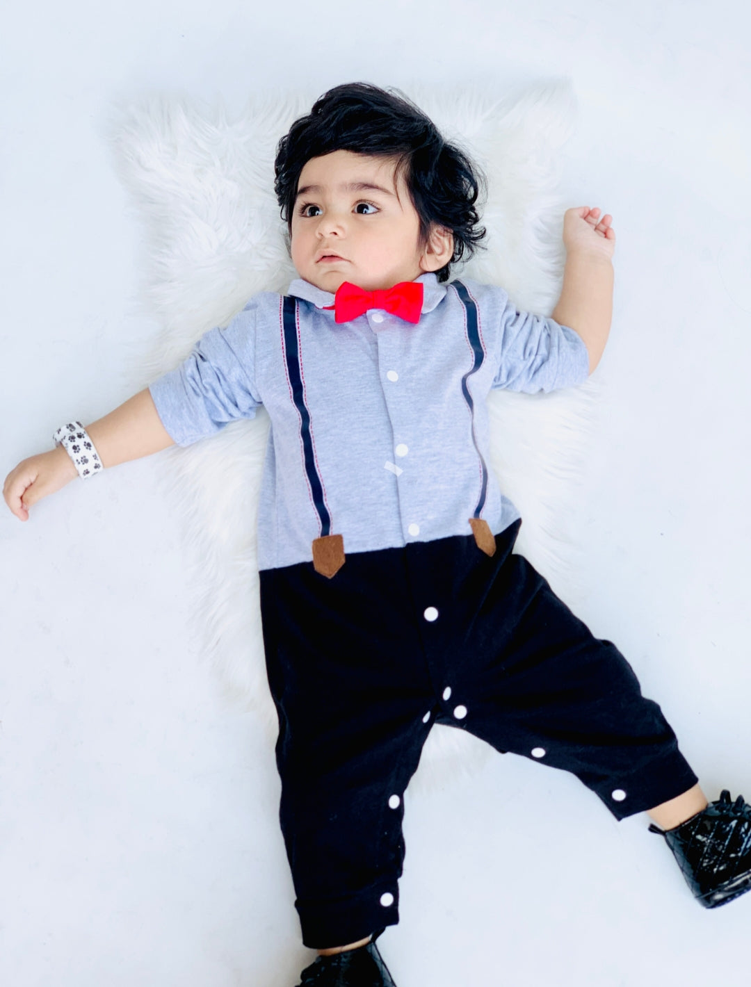 Plush-Polo Romper - Grey & Blue Contrast with Bowtie