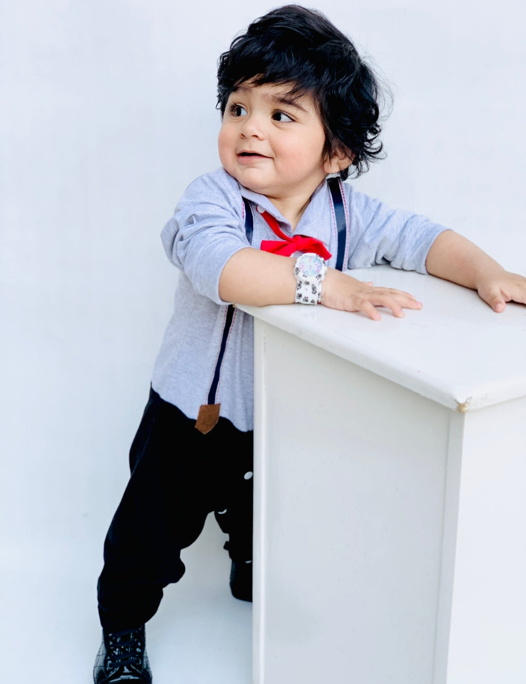 Plush-Polo Romper - Grey & Black Contrast with Bowtie